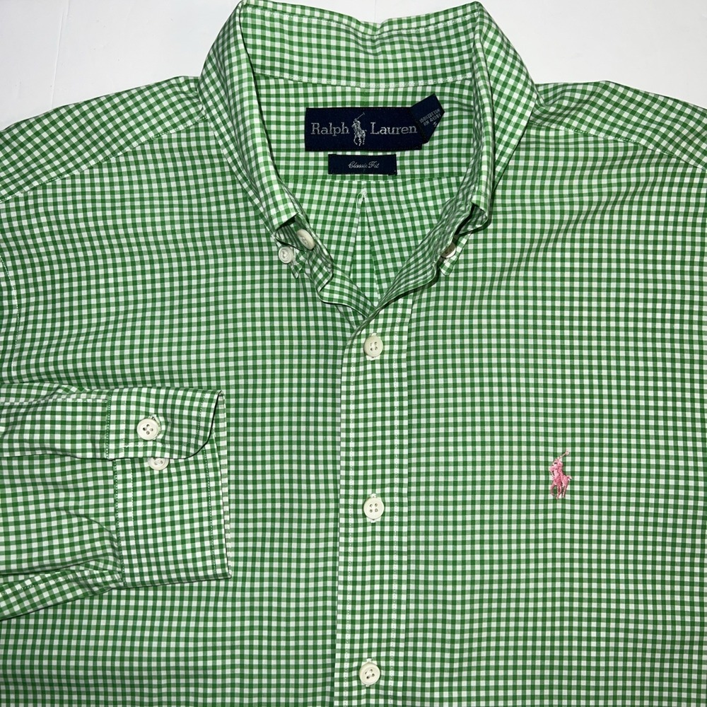 Ralph Lauren Green White Gingham Check Button Down Shirt Custom Fit 15.5 Medium